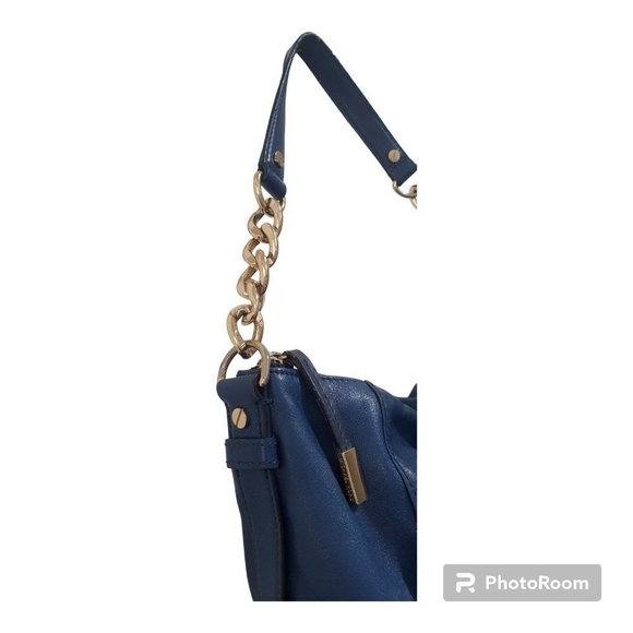 MICHAEL KORS BLUE LEATHER GOLD CHAIN DEVON LARGE SHOULDER TOTE BAG PURSE - Picture 7 of 16